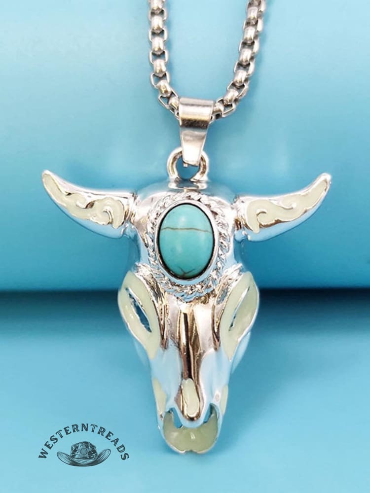 Turquoise Skull Bull Head Stainless Steel Glow Necklace