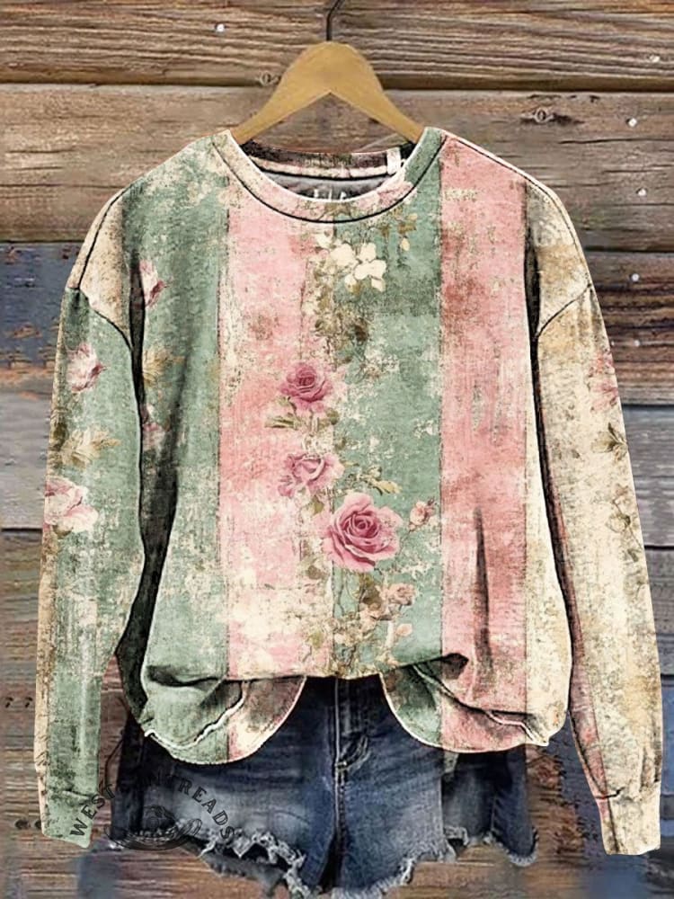 Colorblock Floral Art Print Casual Sweatshirt