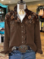 Women's Brown Flower Print Casual Long Sleeve Comfortable Cotton Shirt