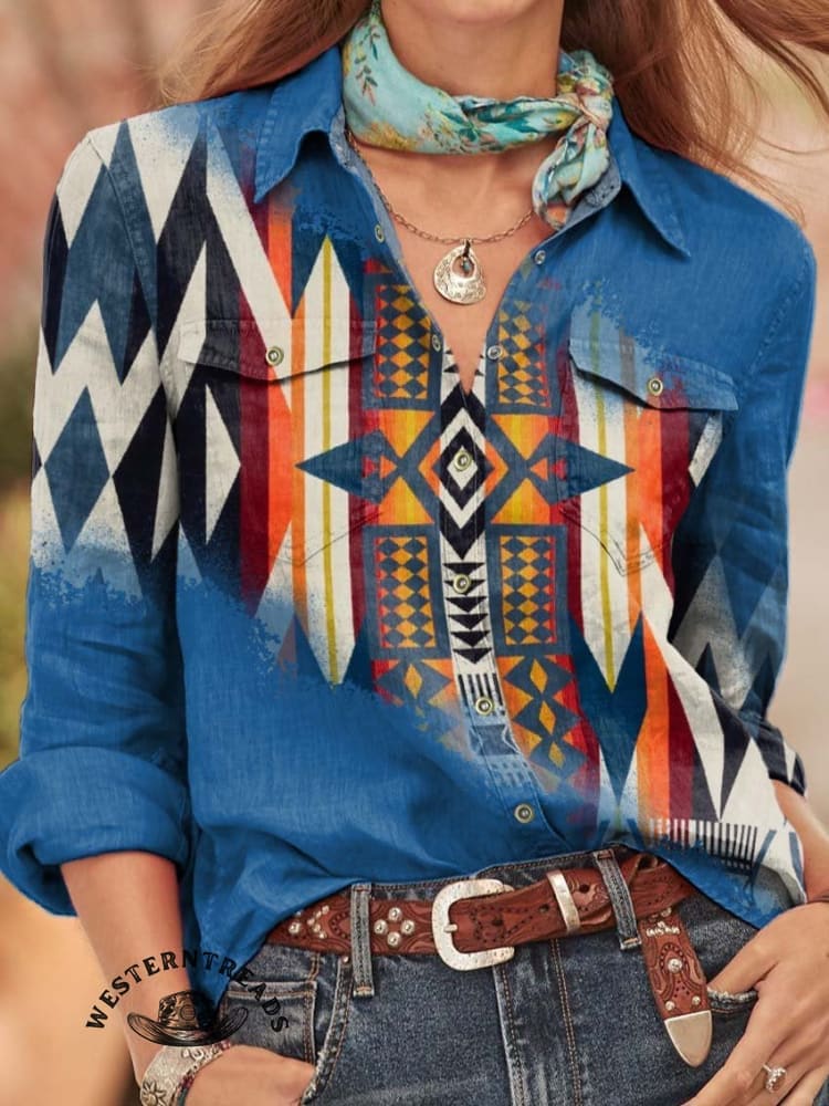 🔥Hot Sale🔥Blue Aztec Print Casual Sweatshirt