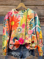 Vintage Hippie Peace Flower Art Print Casual Sweatshirt