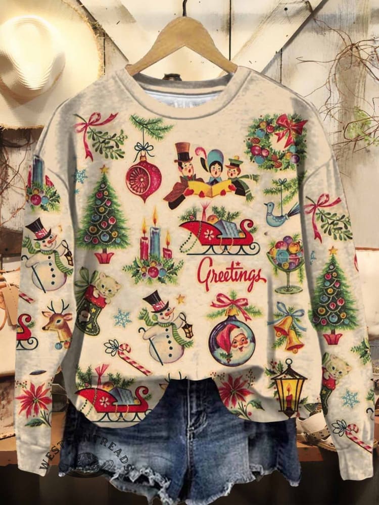 Women's Christmas Retro Pattern Print Casual Sweatshirt