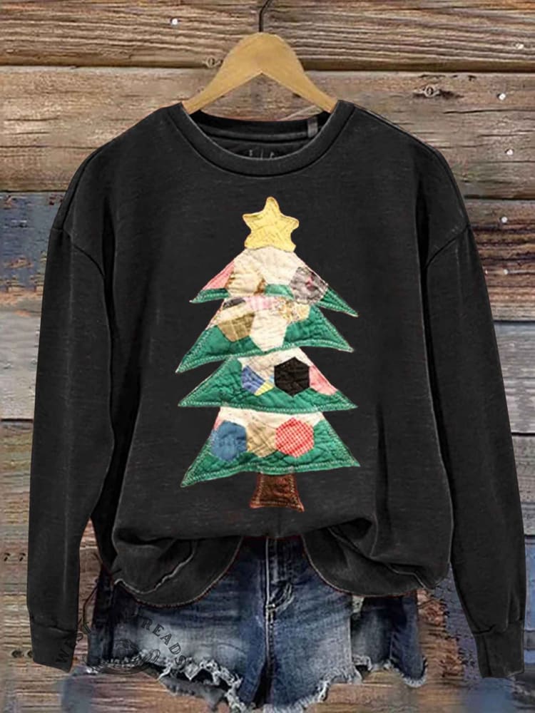 Retro Patchwork Christmas Tree Print Sweatshirt