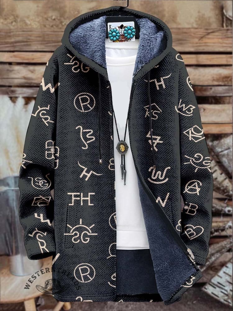 Western Cattle Brands Print Unisex Plush Thick Long-Sleeved Sweater Cardigan Coat
