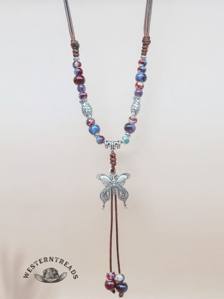 Colorful Beaded Butterfly Braided Rope Ethnic Necklace