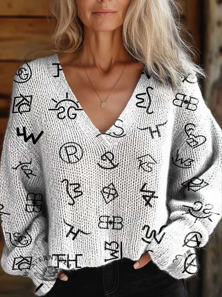 Women's Western Cattle Brands Print Casual V-neck Pullover Knit