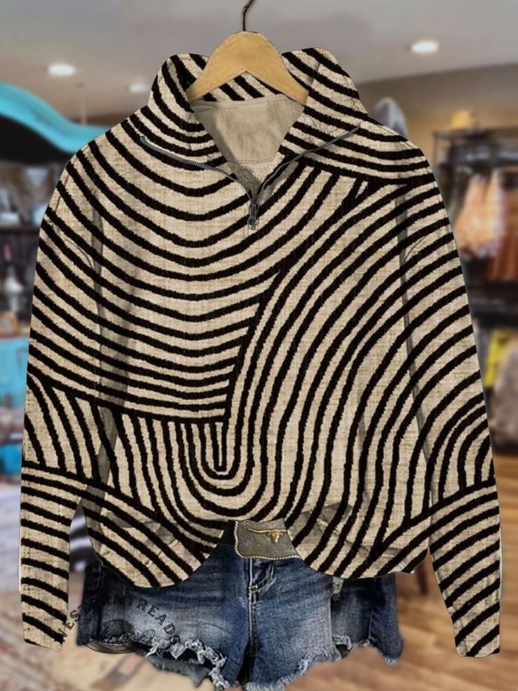 Vintage Hand Drawn Geometric Line Art Print Casual Long Sleeve Zip Sweatshirt