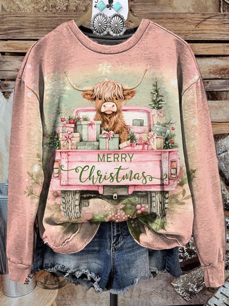 Pink Christmas Highland Cow Print Casual Sweatshirt