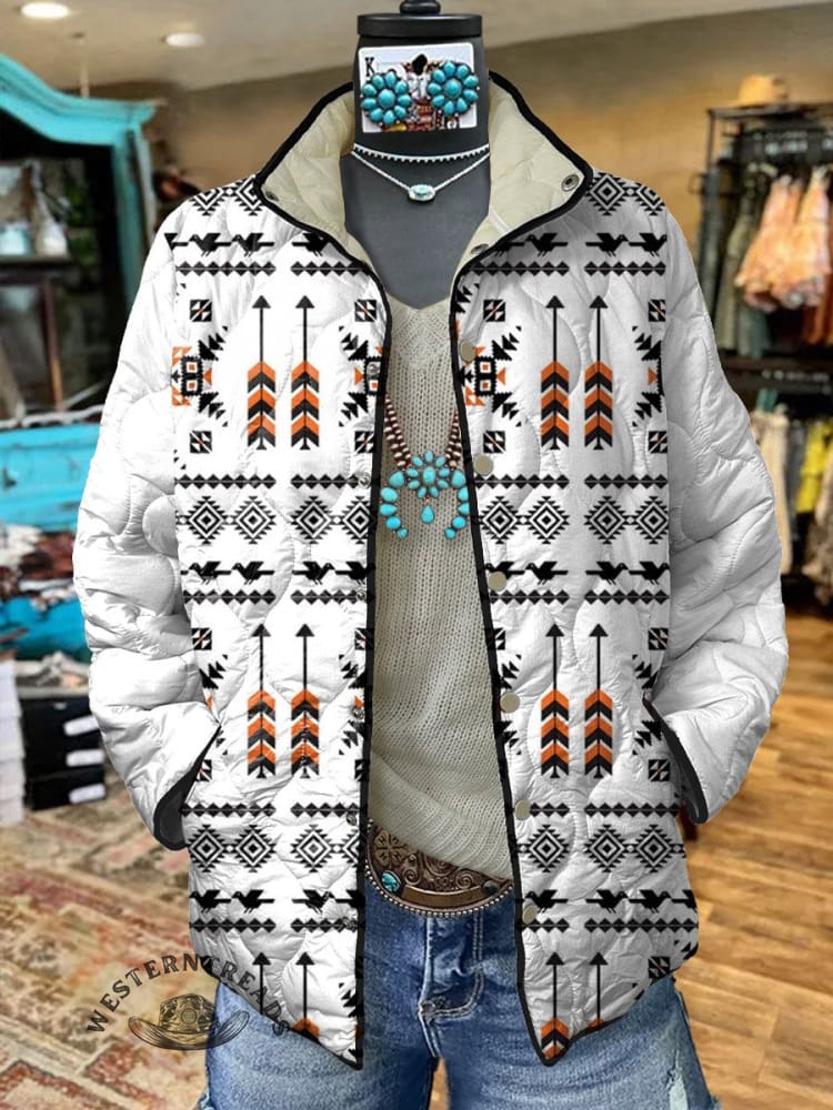 Women's Vintage White Arrows Aztec Art Print Casual Quilted Cardigan