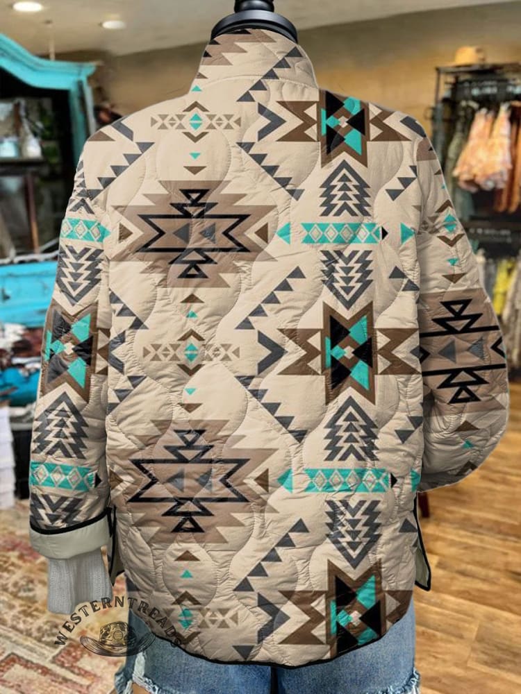 Women's Camel Retro Aztec Art Print Casual Quilted Cardigan