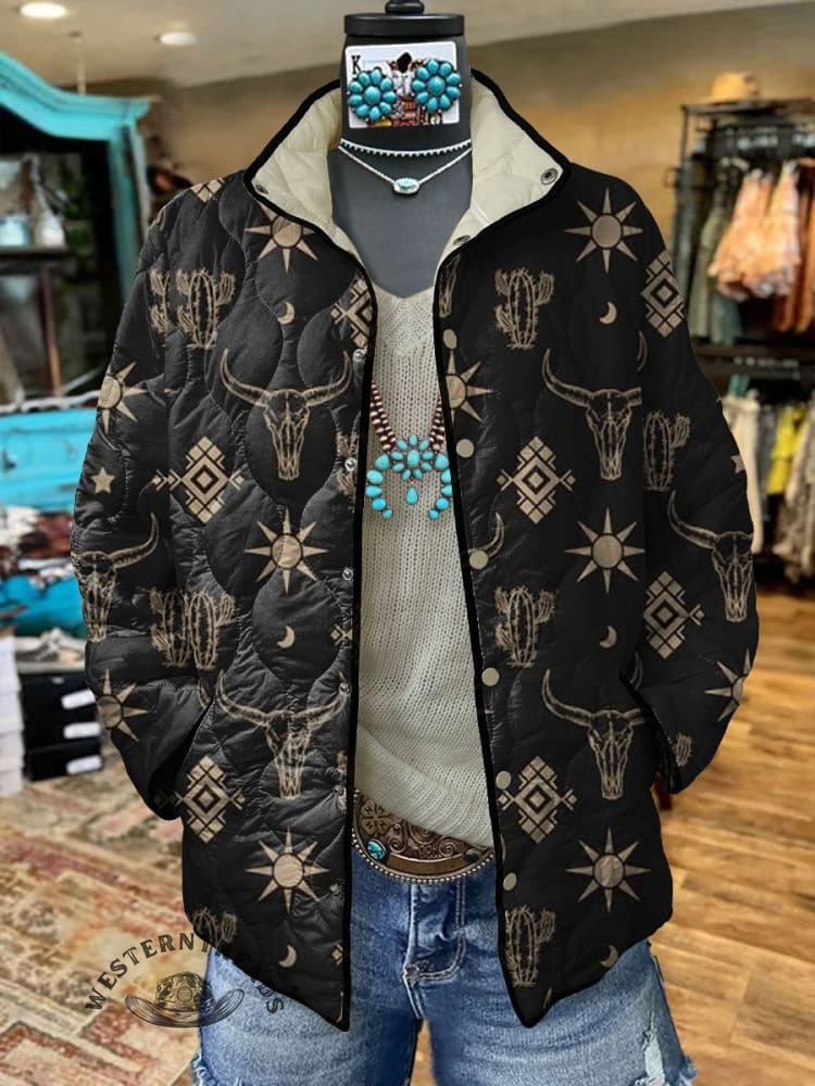 Women's Vintage Art Print Black Casual Quilted Cardigan