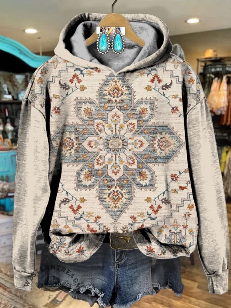 Beige Vintage Ethnic Flower Print Casual Sweatshirt