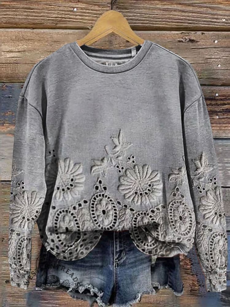 ?Limited Time Discount?Vintage Lace Floral Print Casual Sweatshirt