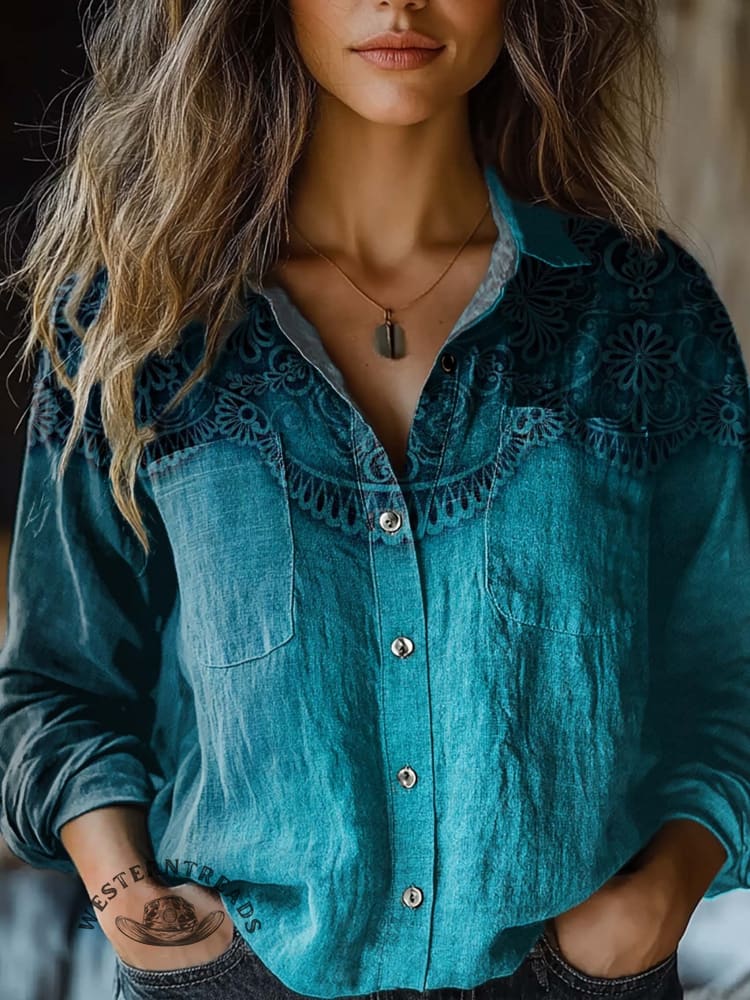 Women's Retro Gradient Blue Flowers Print Casual Long Sleeve Comfortable Cotton Shirt