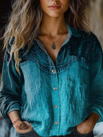 Women's Retro Gradient Blue Flowers Print Casual Long Sleeve Comfortable Cotton Shirt