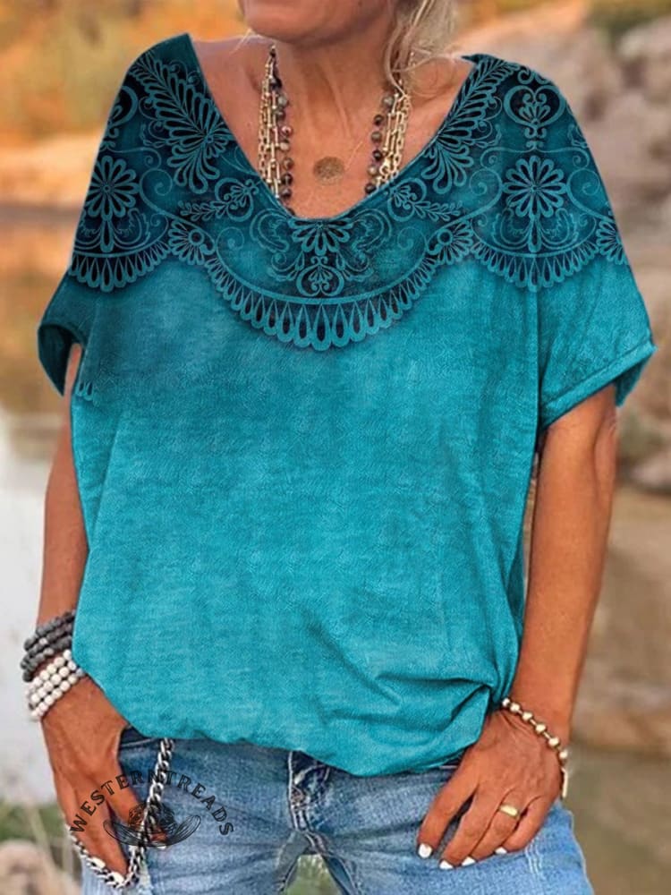 Retro Blue Pattern Art Print 100%Cotton V-neck T-Shirt