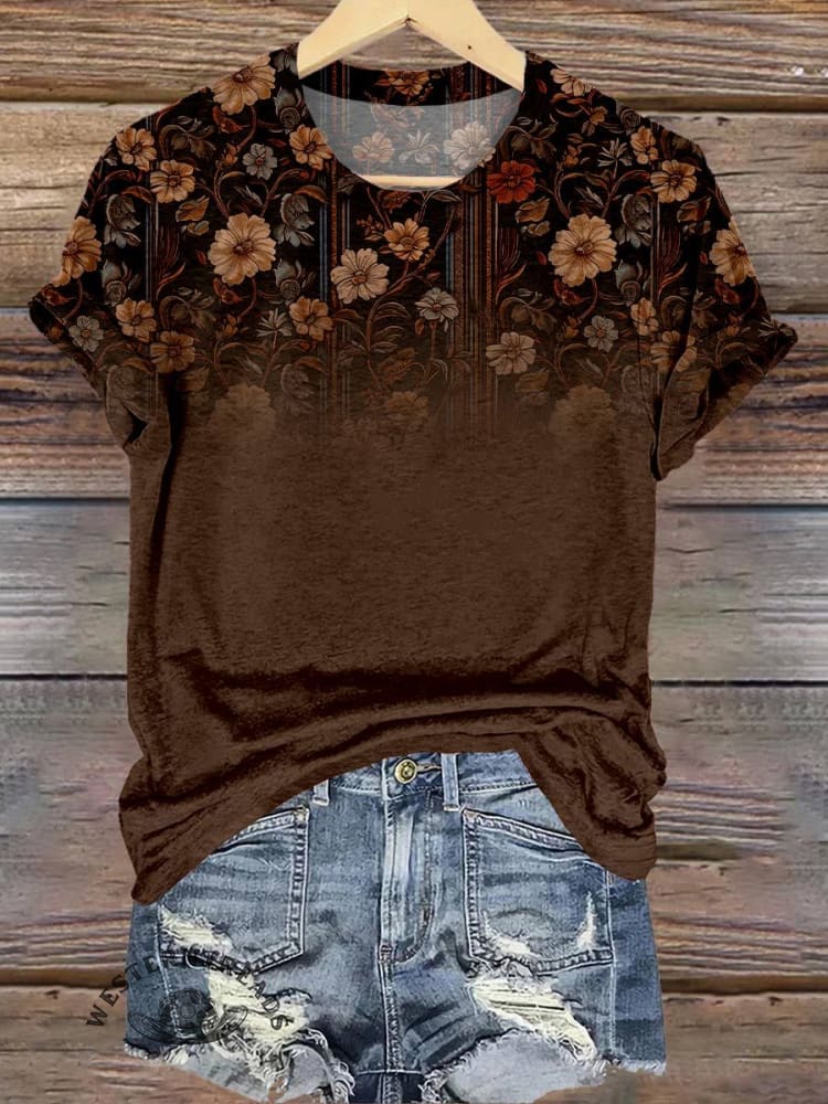 Brown Flower Print T-shirt