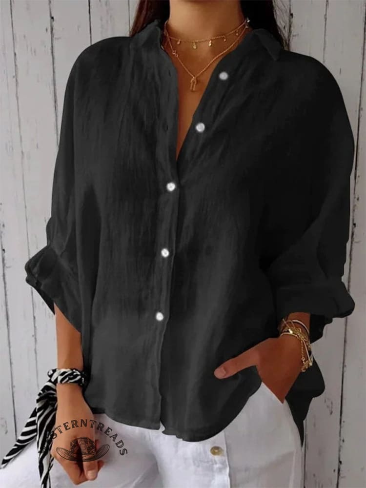 Women's Solid Color Cotton & Linen Casual Tie-back Shirt