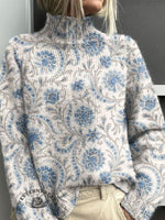 Floral Art Print Knit Turtleneck Pullover Sweater