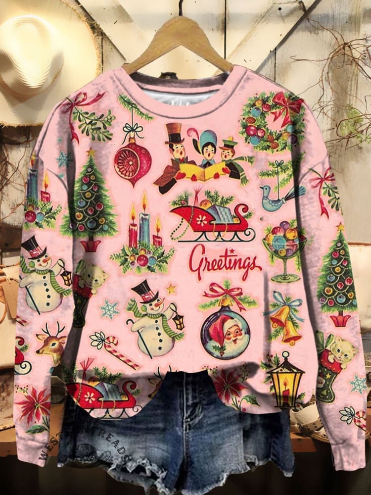 Women's Christmas Retro Pattern Print Casual Sweatshirt