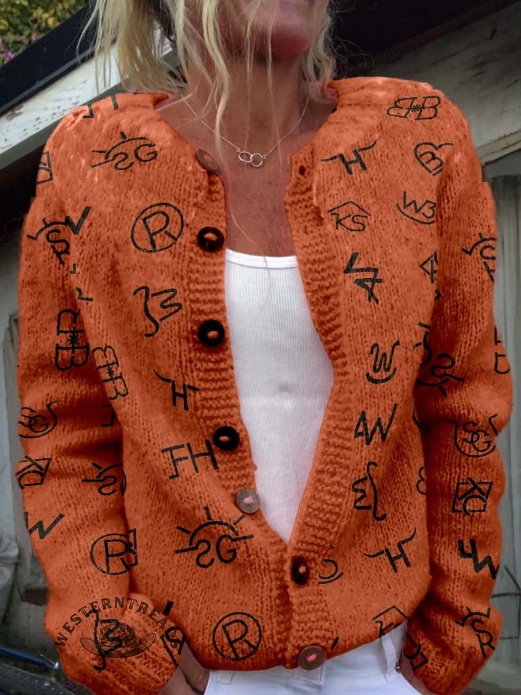 Western Cattle Brands Print Buttoned Cardigan Sweater