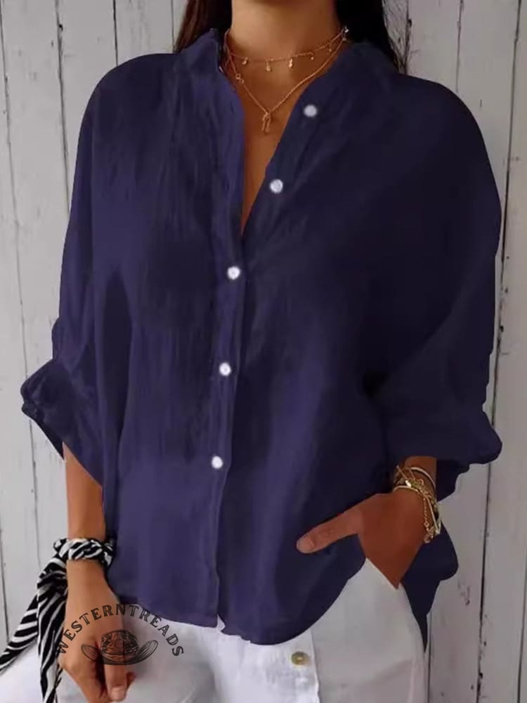 Women's Solid Color Cotton & Linen Casual Tie-back Shirt