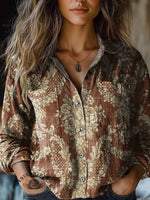 Women's Retro Flowers Print Casual Long Sleeve Comfortable Cotton Shirt