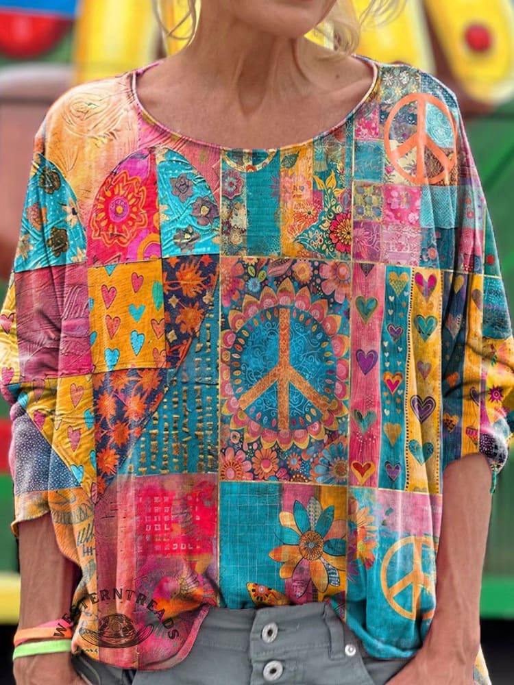 Vintage Love And Peace Flower Art Print Casual Long Sleeve T-shirt