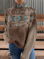 Western Print Knit Turtleneck Pullover Sweater