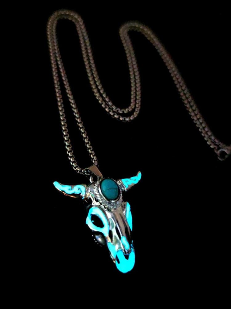 Turquoise Skull Bull Head Stainless Steel Glow Necklace