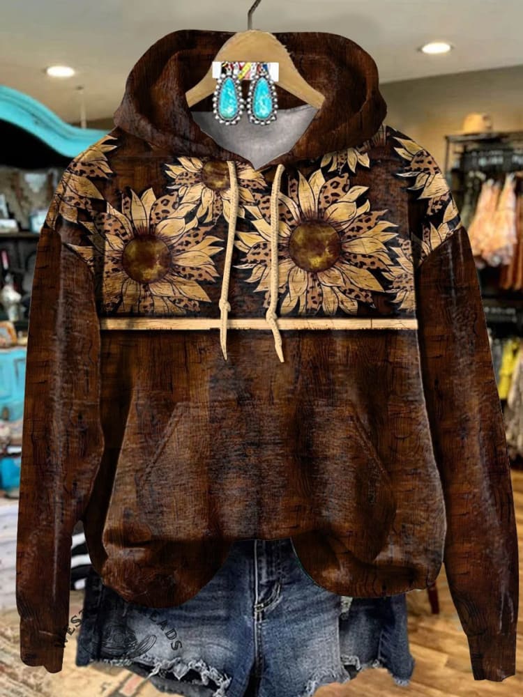 Retro Sunflower Leopard Art Print Casual Hoodie Sweatshirt