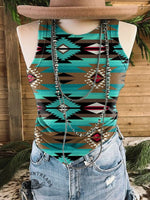 Vintage Green Aztec Art Print Casual Tank Top