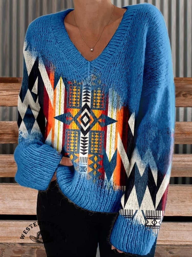 🔥Hot Sale🔥Blue Aztec Print Casual Sweatshirt
