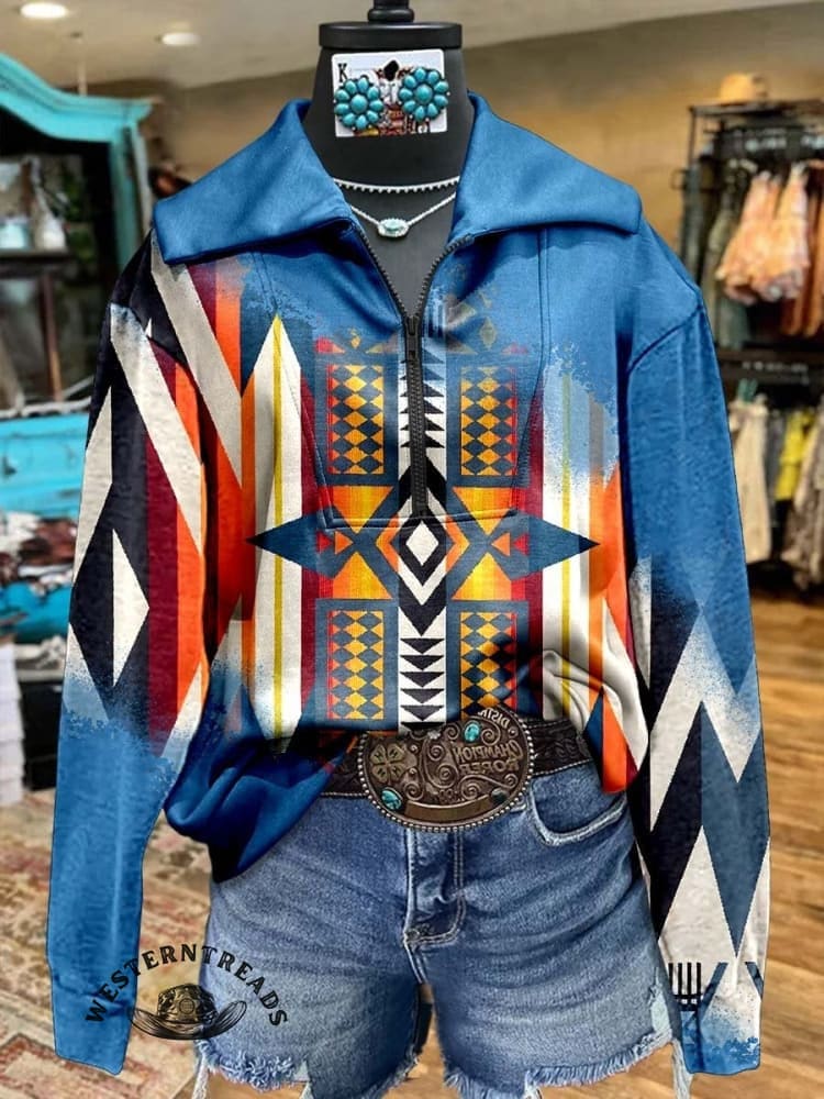 🔥Hot Sale🔥Blue Aztec Print Casual Sweatshirt