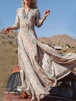 Women's Printed V-Neck Short Sleeve Bohemian Resort Maxi Dress
