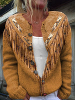 Yellow Ethnic Geometry Art Print Buttoned Cardigan Sweater