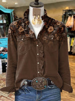 Women's Brown Flower Print Casual Long Sleeve Comfortable Cotton Shirt