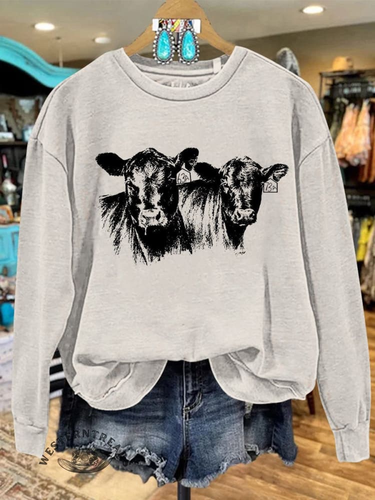 Beige Vintage Cow Print Casual Sweatshirt