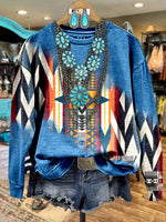 🔥Hot Sale🔥Blue Aztec Print Casual Sweatshirt