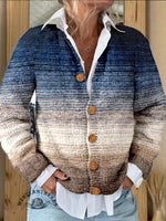 Blue White Brown Print Buttoned Cardigan Sweater