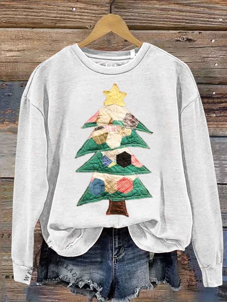 Retro Patchwork Christmas Tree Print Sweatshirt