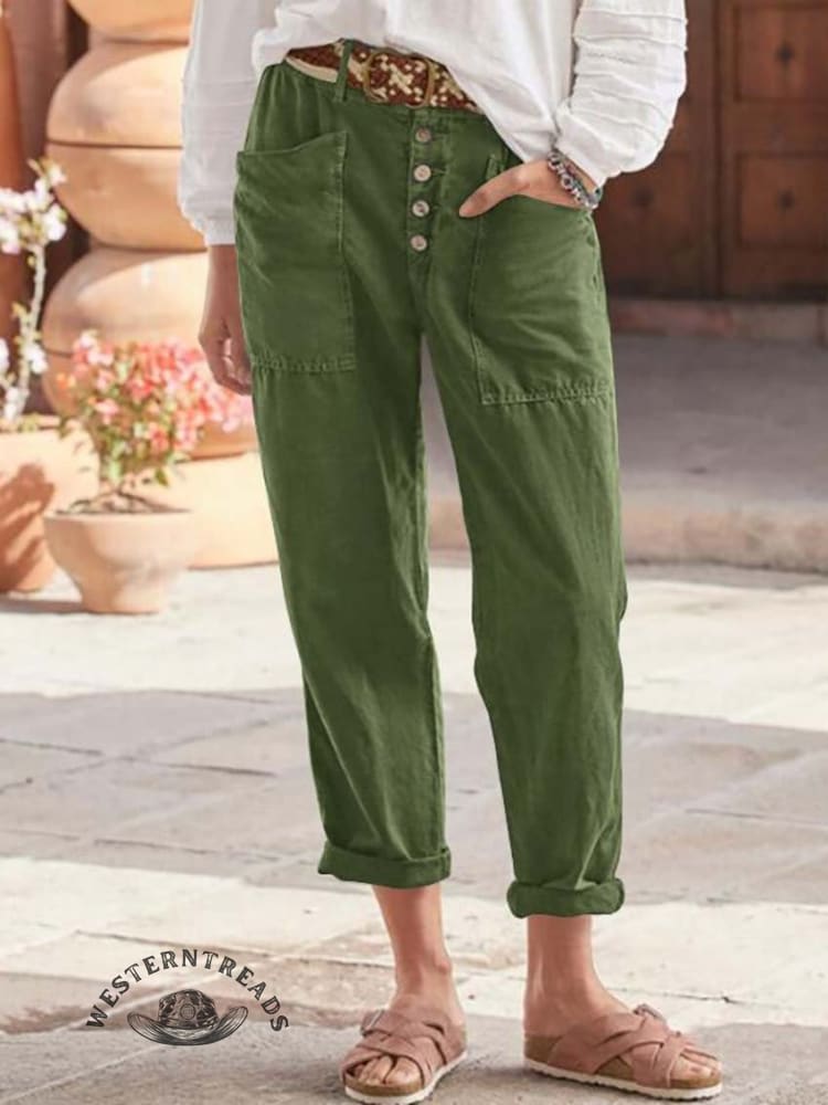 Solid Color Breasted Cotton Hemp Loose Casual Pants
