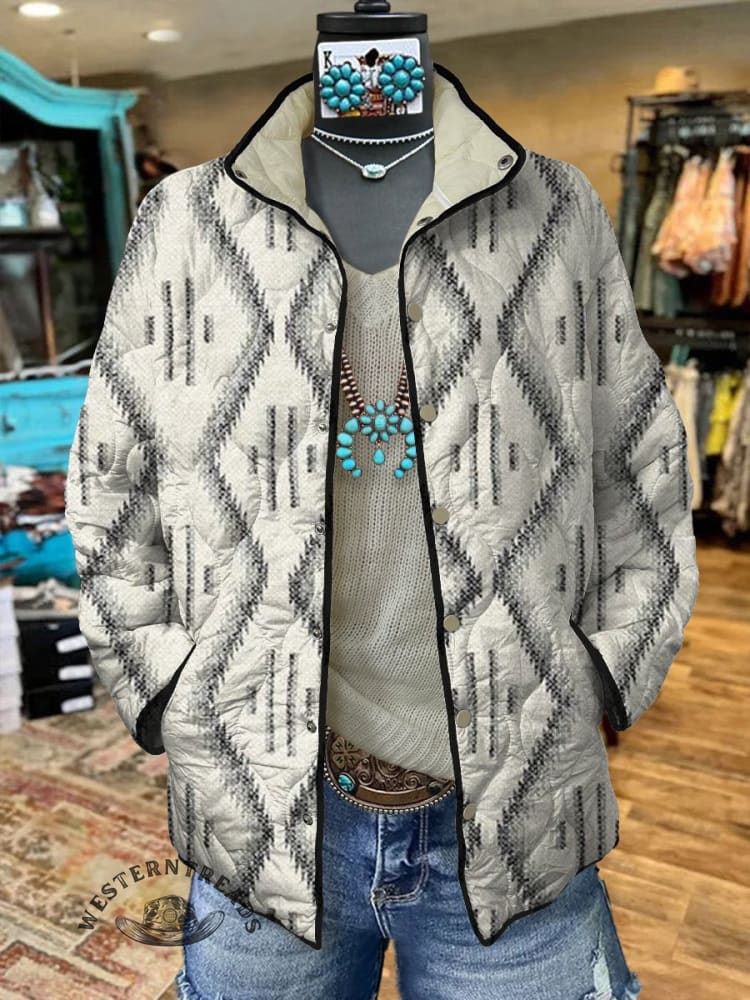 🔥❄️Ultralight Quilted Jacket🔥Women's Light Gray Vintage Aztec Print Casual Quilted Cardigan