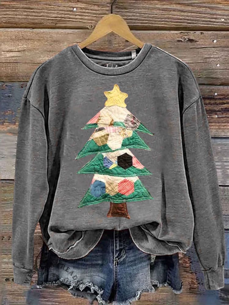 Retro Patchwork Christmas Tree Print Sweatshirt