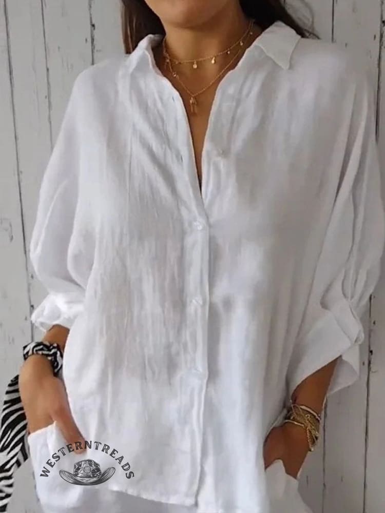 Women's Solid Color Cotton & Linen Casual Tie-back Shirt