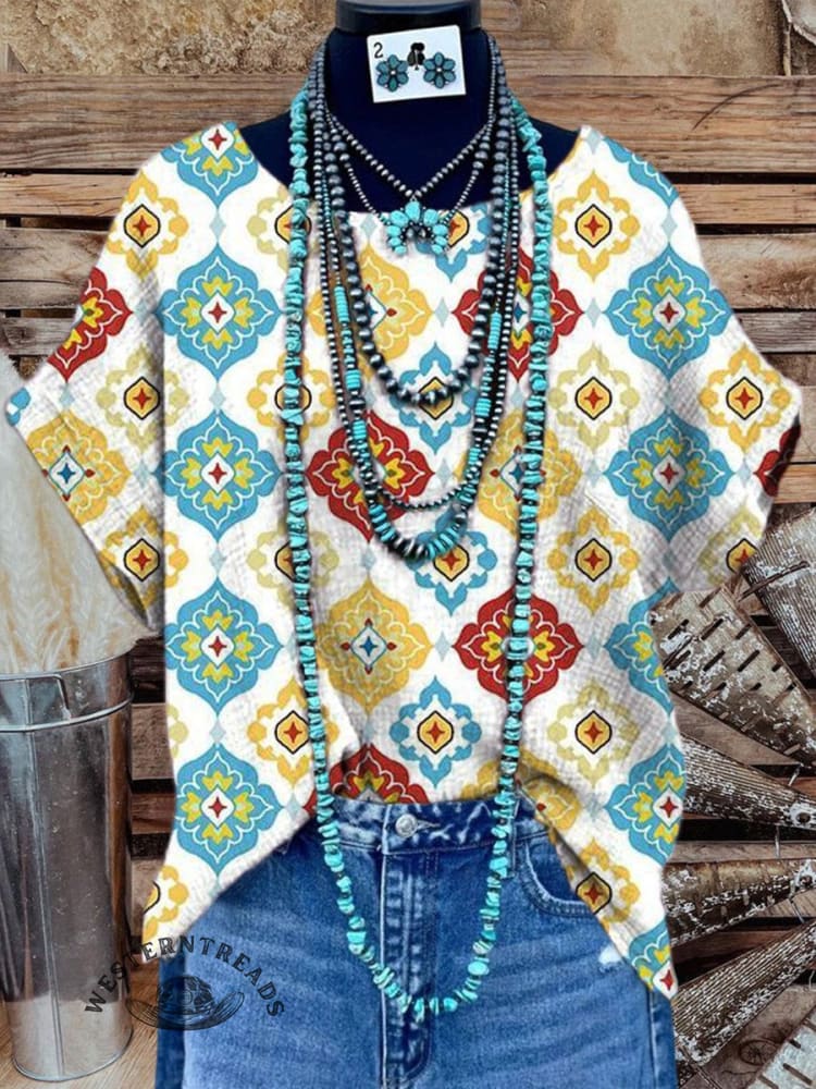 Women's Ethnic Plaid Floral Print Casual Cotton And Linen Shirt