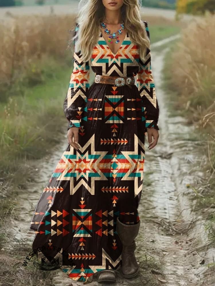 Women's Brown Vintage Aztec Print Pocket Cotton Dress