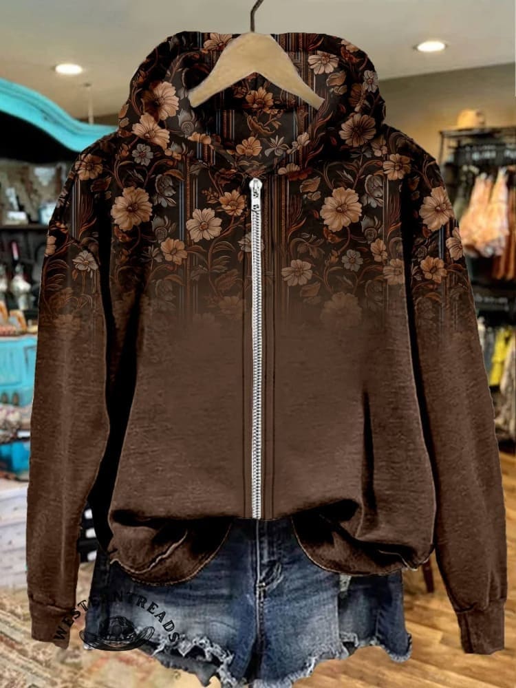 🔥Hot Sale🔥Women's Brown Flower Print Casual Sweatshirt