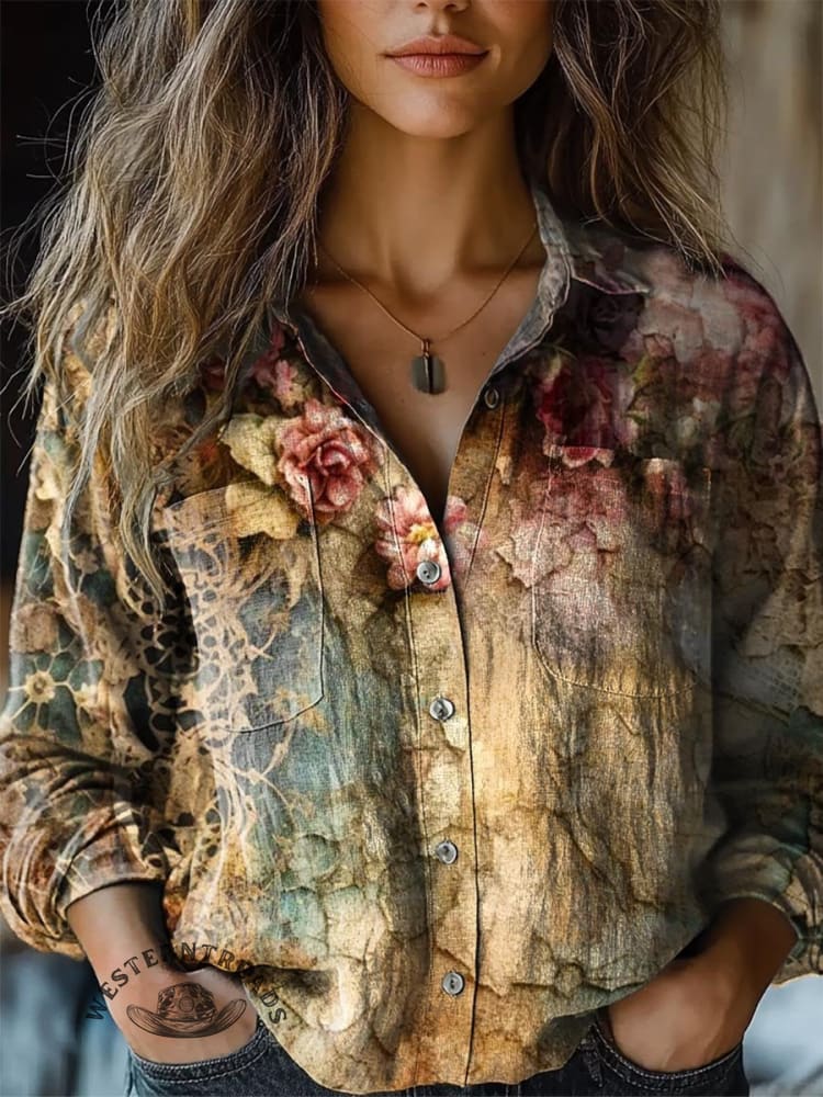 Women's Vintage Lovely Floral Art Print Casual Long Sleeve Comfortable Cotton Shirt