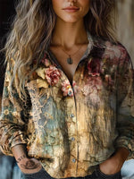 Women's Vintage Lovely Floral Art Print Casual Long Sleeve Comfortable Cotton Shirt